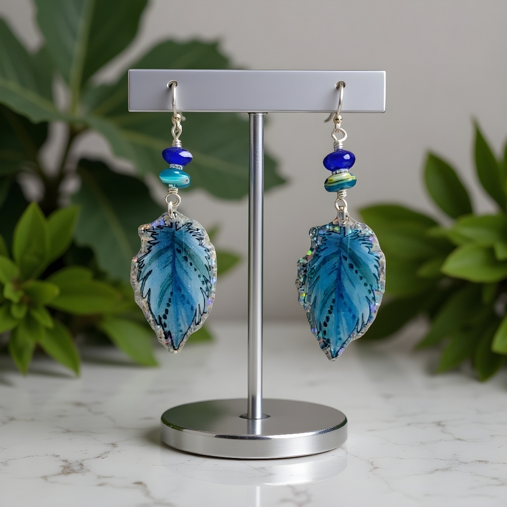 #370 HAND CRAFTED Earrings handmade Autumn Leaves resin Blue
